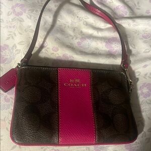 Coach Pink and Brown Wristlet with Textured Finish